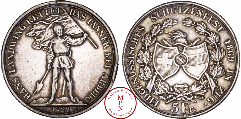 Suisse, Zug shooting festival, 5 Francs, 1869 Av. HANS LANDWING RETTET DAS PANNE...