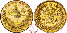 Empire Ottoman, Mohammad V (1909-1918-AH 1327-1336), 25 Kurush, 1915 (AH1327), Qustintiniyah, Or, TTB+, 1.76 g, 15 mm, KM 752, Collection Gauthiez Pie...