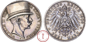 Allemagne, Empire Allemand, Wilhelm II, 3 Mark 1908 A, Satirique au chapeau en relief, Argent, TTB+/SUP 17.62 g, 33 mm, Bel objet ! Collection Gauthie...