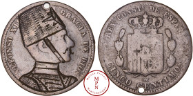 Espagne, 5 Centimes, Portrait d'alphonse II gravé en tenue marocain, Cuivre, TTB, 4.58 g, 25 mm, Cet exemplaire illustre (Coin Plate) l'ouvrage de réf...
