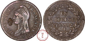 France, Ire République (1795-1803), 1 Décime, Dupré, Contremarque royaliste, fleur de lys, L'an 8, I, Limoges, Cuivre TTB+, 19.4 g, 33 mm, Monnaie dan...