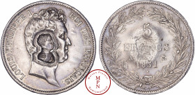 France, Louis-Philippe (1830-1848), 5 Francs 1831, A, Paris, Contremarqué du buste en creu du prétendant, Henri V, Argent, SUP, 25.01 g, 38 mm, Le jeu...