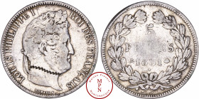 France, Louis-Philippe (1830-1848), 5 Francs 1831, D, Lyon, Monnaie regravée d'une corde ou d'un trait rappelant la décapitation, Argent, TB+, 24.77 g...