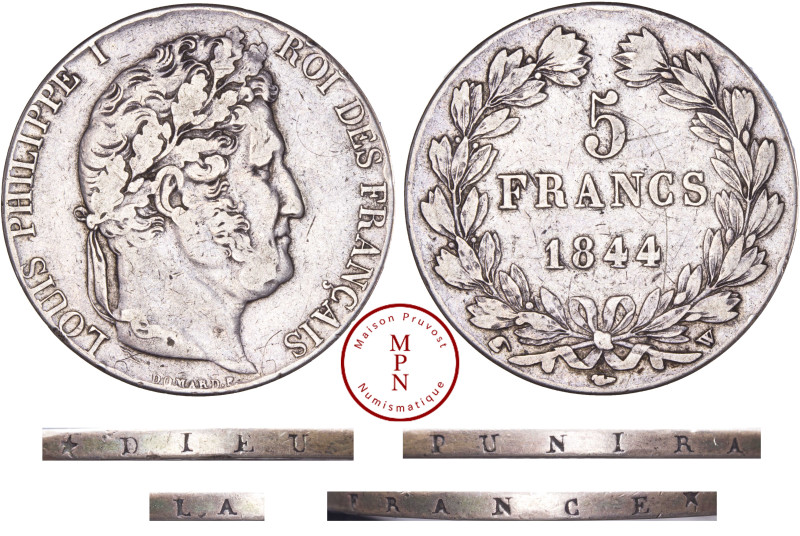 France, Louis-Philippe (1830-1848), 5 Francs, 1844, W, Lille, Tranche refrappée ...