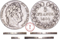France, Louis-Philippe (1830-1848), 5 Francs, 1844, W, Lille, Tranche refrappée de : DIEU PUNIRA LA FRANCE ***, Argent, TTB, 22.09 g, 35 mm, Rare modi...