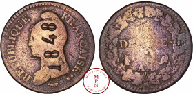 France, 2e République (1848-1852), 1848 contremarqué sur un Décime de Metz, Cuivre, TB+, 18.08 g, 62 mm, Cet exemplaire illustre (Coin Plate) l'ouvrag...