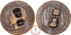 France, Second Empire (1852-1870), 5 Centimes, 1855, A, Paris, Satirique poinçonnée de 70 71, Cuivre TB, 4.69 g, 25 mm, Collection Gauthiez Pierre.