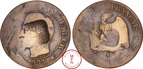 France, Second Empire (1852-1870), 5 Centimes, 1855, A, Paris, pièce de 5 centimes poinçonnée d'un trêfle à quatre feuilles dans un carré creux, Cuivr...