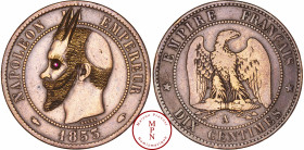 France, Second Empire (1852-1870), 10 Centimes, 1853, A, Paris, Satirique gravée au portrait de Napoléon III transformé en diable barbu et cornu, l'oe...
