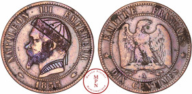 France, Second Empire (1852-1870), 10 Centimes, 1853, A, Paris, Satirique gravée d'un bonnet, d'une barbe et d'un col, Cuivre, TTB, 9.62 g, 30 mm, Col...