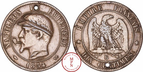 France, Second Empire (1852-1870), 10 Centimes, 1854, B, Rouen, Satirique gravée d'une casquette d'ouvrier et d'une pipe courte, Cuivre, TTB, 9.50 g, ...