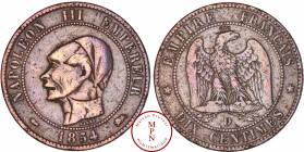 France, Second Empire (1852-1870), 10 Centimes, 1854, D, Lyon, Satirique gravée d'une petite tête coiffée et d'un col plat, Aigle coiffée d'un chapeau...