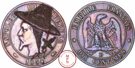 France, Second Empire (1852-1870), 10 Centimes, 1854, D, Lyon, Satirique gravée d'un chapeau décoré et d'une dague traversant la nuque, Cuivre, TTB, 9...