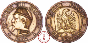 France, Second Empire (1852-1870), 10 Centimes, 1854, BB, Strasbourg, Satirique gravée d'une képi, d'une cigarette et d'un col decoré, Cuivre, TTB, 9....