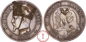 France, Second Empire (1852-1870), 10 Centimes, 1855, B, Rouen, Satirique gravée d'un colback de hussard, revers poinçonné d'une tête de vampire, Cuiv...