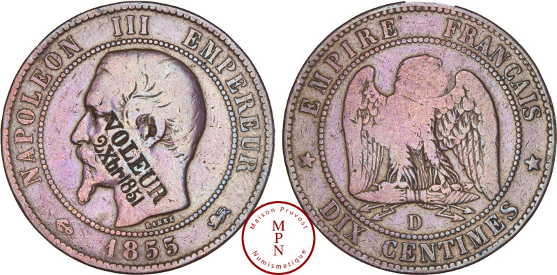 France, Second Empire (1852-1870), 10 Centimes, 1855, D, Lyon, Satirique poinçon...