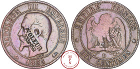 France, Second Empire (1852-1870), 10 Centimes, 1855, D, Lyon, Satirique poinçonnée de "VOLEUR / 2 Xbr 1851", Cuivre, TB+, 9.80 g, 30 mm, Collection G...