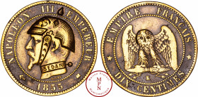 France, Second Empire (1852-1870), 10 Centimes, 1855, K, Bordeaux, Satirique gravée d'un casque prussien à pointe et jugulaire avec aigle sur le front...