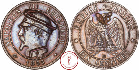 France, Second Empire (1852-1870), 10 Centimes, 1855, BB, Strasbourg, Satirique gravée d'une casquette de l'armée prussienne et d'un col à bouton, rev...