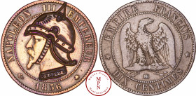 France, Second Empire (1852-1870), 10 Centimes, 1856, BB, Strasbourg, Satirique gravée d'un casque prussien à pointe, jugulaire et nuquière avec un so...