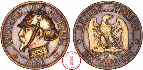 France, Second Empire (1852-1870), 10 Centimes, 1856, W, Lille, Satirique gravée d'un casque prussien à pointe et jugulaire, Cuivre, TTB, 9.9 g, 30 mm...