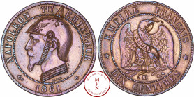 France, Second Empire (1852-1870), 10 Centimes, 1861, BB, Strasbourg, Satirique gravée d'un casque prussien à pointe et jugulaire avec aigle sur le fr...
