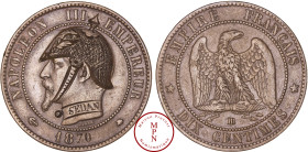 France, Second Empire (1852-1870), 10 Centimes, 18(70), BB, Strasbourg, Satirique gravée d'un casque prussien à pointe et jugulaire avec aigle sur le ...