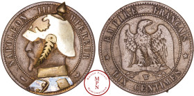 France, Second Empire (1852-1870), 10 Centimes, W, Lille, Satirique en relief avec casque à pointe prussien et jugulaire en couleur, Cuivre, argent, l...