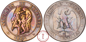 France, Second Empire (1852-1870), 10 Centimes, Scène érotique entre quatre personnages, Cuivre, TTB, 8.93 g, 30 mm, Ces scènes érotiques sont assez r...