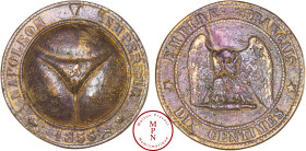 France, Second Empire (1852-1870), Jeton érotique moulé au module de la 10 centimes. Un pubis en relief. Au revers une chouette. Cuivre, TTB, 13.81 g,...