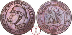 France, Second Empire (1852-1870), Pièce de 10 centimes dont le profil a été gravé d'un casque à point avec jugulaire et le col transformé en collier ...