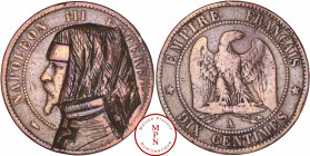 France, Second Empire (1852-1870), Pièce de 10 centimes dont le profil a été gravé d'un d'un portrait transformé en religieuse, Cuivre, TTB, 8.92 g, 3...