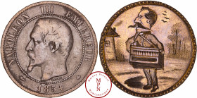 France, Second Empire (1852-1870), Pièce de 10 centimes de 1854 dont le revers a été gravée d'un Napoléon jouant de l'harmonina, variante protative de...
