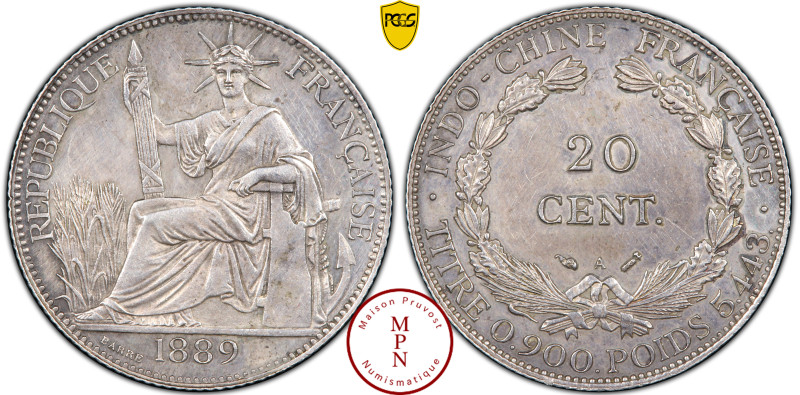 Indochine, 20 Cent, 1889, A, Paris, Flan bruni, Av. REPUBLIQUE FRANCAISE, La Rép...