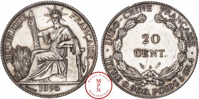 Indochine, 20 Cent, 1895, A, Paris, Av. REPUBLIQUE FRANCAISE, La République assise à gauche, tenant un faisceau de licteur, Rv. INDO-CHINE FRANCAISE ....