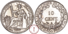 Indochine, 10 Cent, 1897, A, Paris, Av. REPUBLIQUE FRANCAISE, La République assise à gauche, tenant un faisceau de licteur, Rv. INDO-CHINE FRANCAISE ....