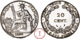 Indochine, 20 Cent, 1899, A, Paris, Av. REPUBLIQUE FRANCAISE, La République assise à gauche, tenant un faisceau de licteur, Rv. INDO-CHINE FRANCAISE ....