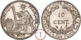 Indochine, 10 Cent, 1900, A, Paris, Av. REPUBLIQUE FRANCAISE, La République assise à gauche, tenant un faisceau de licteur, Rv. INDO-CHINE FRANCAISE ....