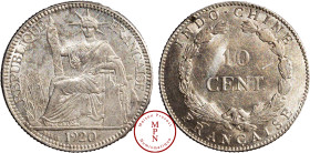 Indochine, 10 Cent, 1920, San Francisco, Av. REPUBLIQUE FRANCAISE, La République assise à gauche, tenant un faisceau de licteur, Rv. INDO-CHINE FRANCA...