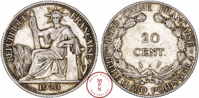 Indochine, 20 Cent, 1923, A, Paris, Av. REPUBLIQUE FRANCAISE, La République assise à gauche, tenant un faisceau de licteur, Rv. INDO-CHINE FRANCAISE ....