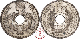 Indochine, 5 Cent, 1930, Paris, Torche, Av. REPUBLIQUE FRANCAISE, Deux cornes d'abondance en miroir se terminant par le buste à gauche de la Républiqu...