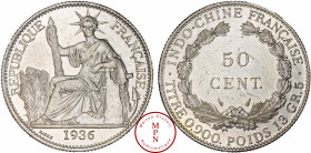 Indochine, 50 Cent, 1936, Paris, Av. REPUBLIQUE FRANCAISE, La République assise à gauche, tenant un faisceau de licteur, Rv. INDO-CHINE FRANCAISE . TI...