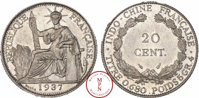 Indochine, 20 Cent, 1937, A, Paris, Av. REPUBLIQUE FRANCAISE, La République assise à gauche, tenant un faisceau de licteur, Rv. INDO-CHINE FRANCAISE ....