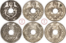 Indochine, 5 Cent, 1937, 1938, 1939, Cupro-Nickel – Maillechort, TTB – SUP – SUP, 21 mm, Lecompte 118 – 120 – 121, Collection Gauthier Pierre....