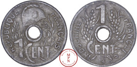 Indochine, 1 Cent, Cocarde, 1940, Frappe monnaie, Fautée (coin bouché au niveau de la date), Av. REPUBLIQUE FRANCAISE / 1 CENT, Bonnet phrygien avec u...