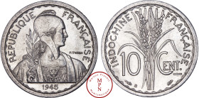 Indochine, 10 Cent, 1945, B, Beaumont-le-Roger, Av. REPUBLIQUE FRANCAISE, Buste de la République de face, tête à droite, tenant une branche d'olivier,...