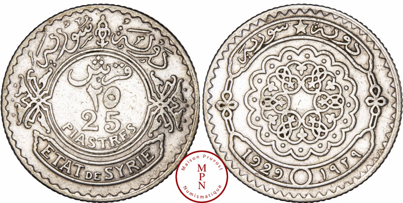 Syrie, 25 Piastres, 1929 Av. Rosace avec date dans un cartouche, Rv. 25 PIASTRES...