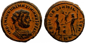 Maximianus. (285-295 AD). Æ Antoninian. Obv: IMP CMA MAXIMIANVS PF AVG. radiate cuirassed bust right. Rev: CONCORDIA 
20mm 2,89g
Artificial sand pat...