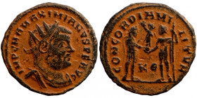 Maximianus. (285-295 AD). Æ Antoninian. Obv: IMP CMA MAXIMIANVS PF AVG. radiate cuirassed bust right. Rev: CONCORDIA 
19mm 5,21g
Artificial sand pat...