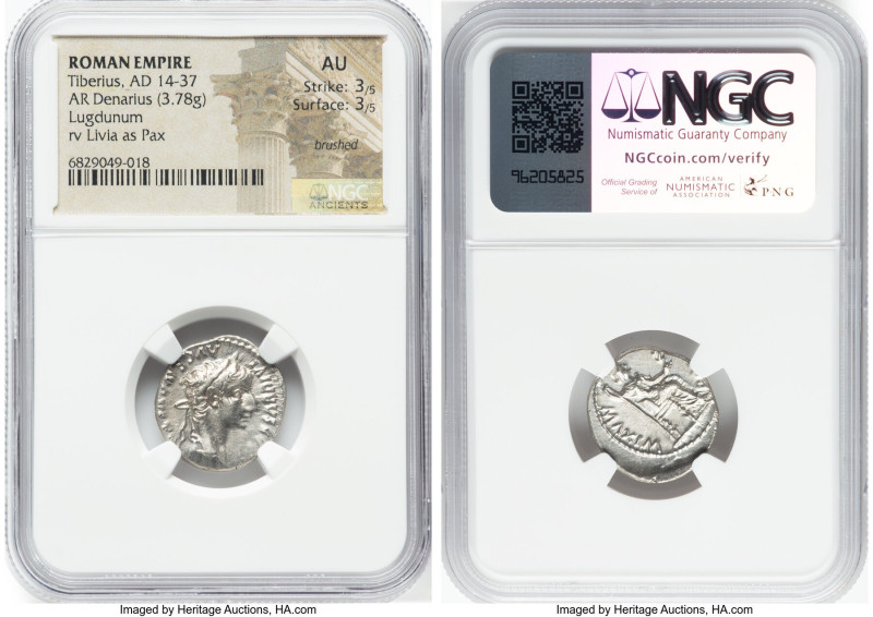 Tiberius (AD 14-37). AR denarius (19mm, 3.78 gm, 10h). NGC AU 3/5 - 3/5, brushed...